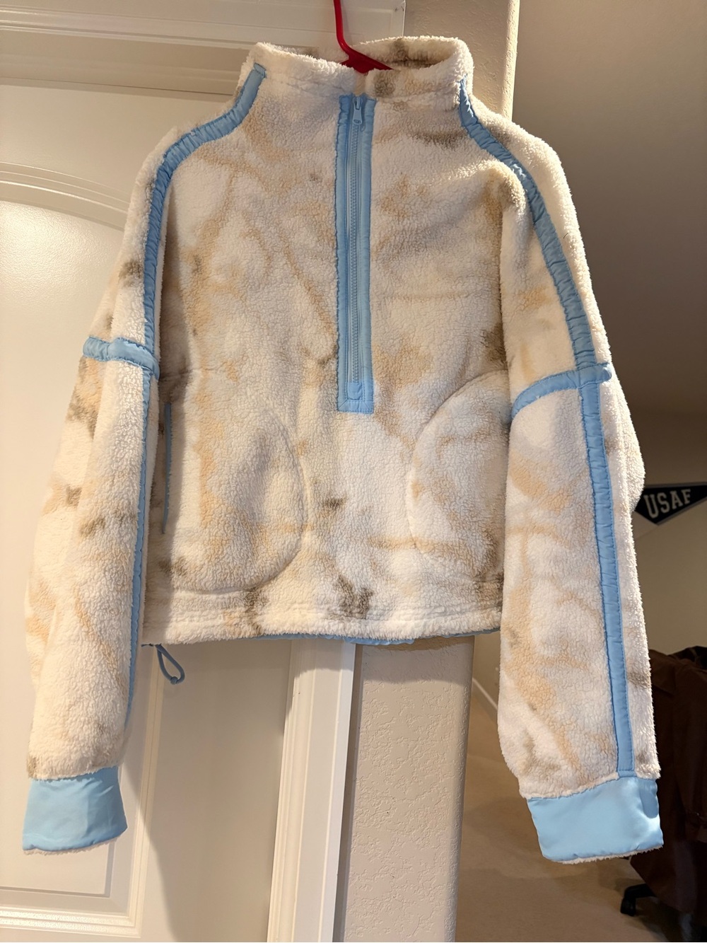 Cozy Half-Zip Sherpa Pullover in Cream with Light Blue Trim
